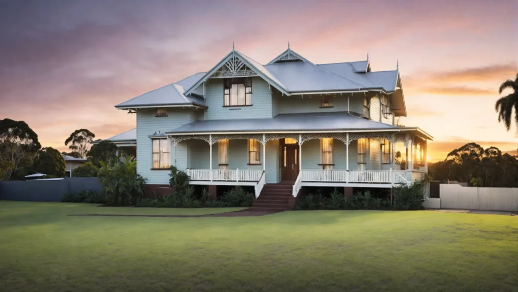 A beautiful victorian style house at sunset.
