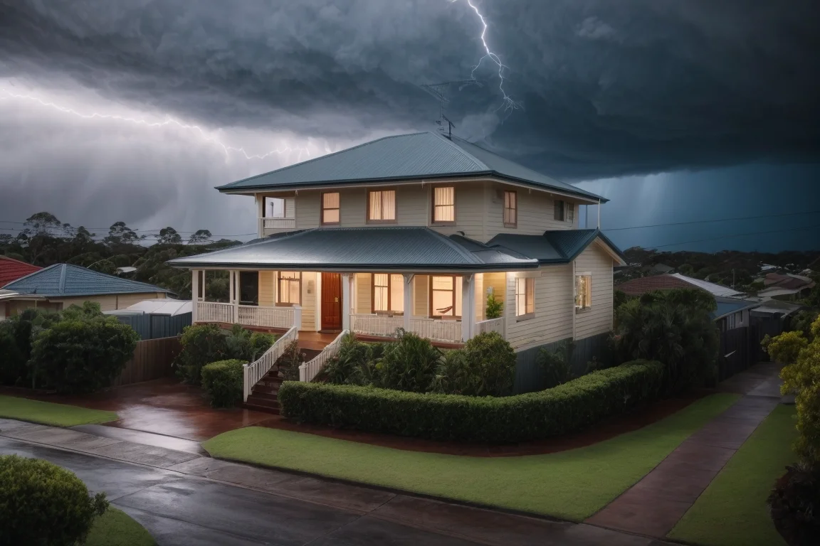 A large two-story house with lights on is shown amid a dark stormy sky with lightning striking in the background. The house, featured in our Comprehensive Guide to Storm Preparation, has a green roof and a well-maintained garden.
