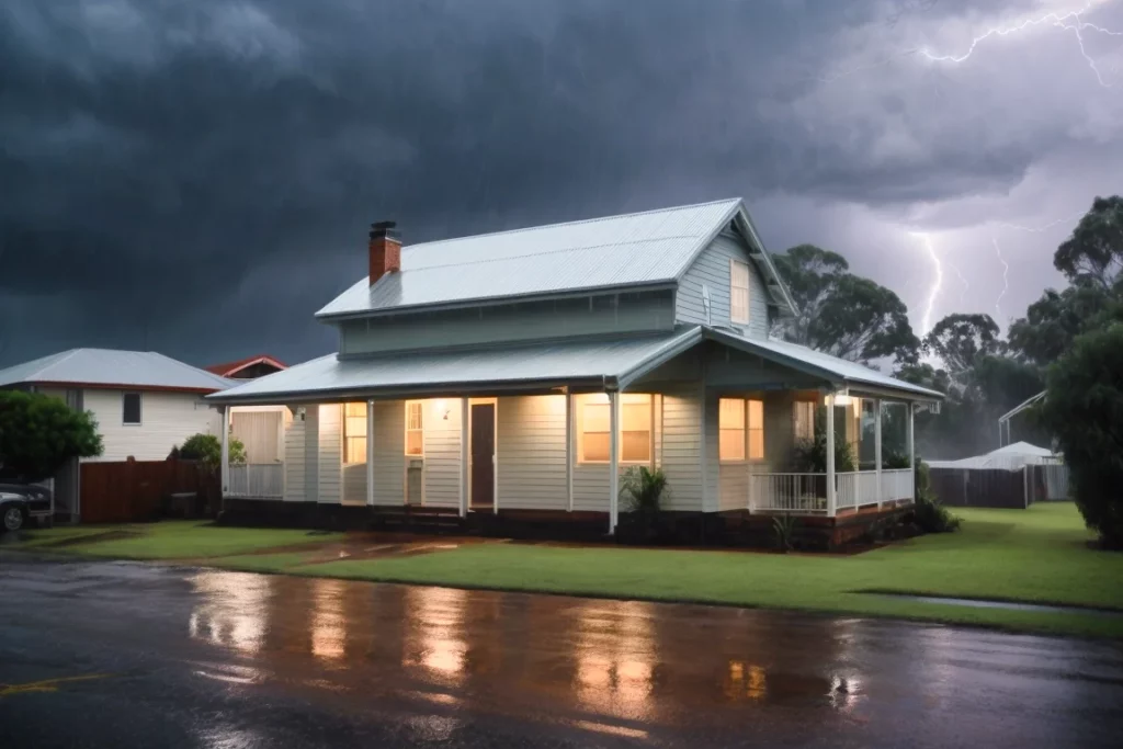 A two-story house with a lit porch sits on a wet street during a thunderstorm. Lightning is visible in the dark, cloudy sky, while generator transfer switches ensure backup power remains uninterrupted.