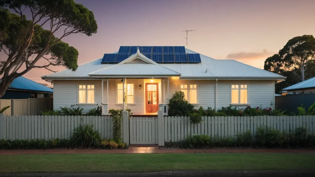 Single-story white house with a picket fence and solar panels on the roof enjoys a lit interior against a twilight sky. Plus, take advantage of the Battery Booster Rebate for added energy savings.