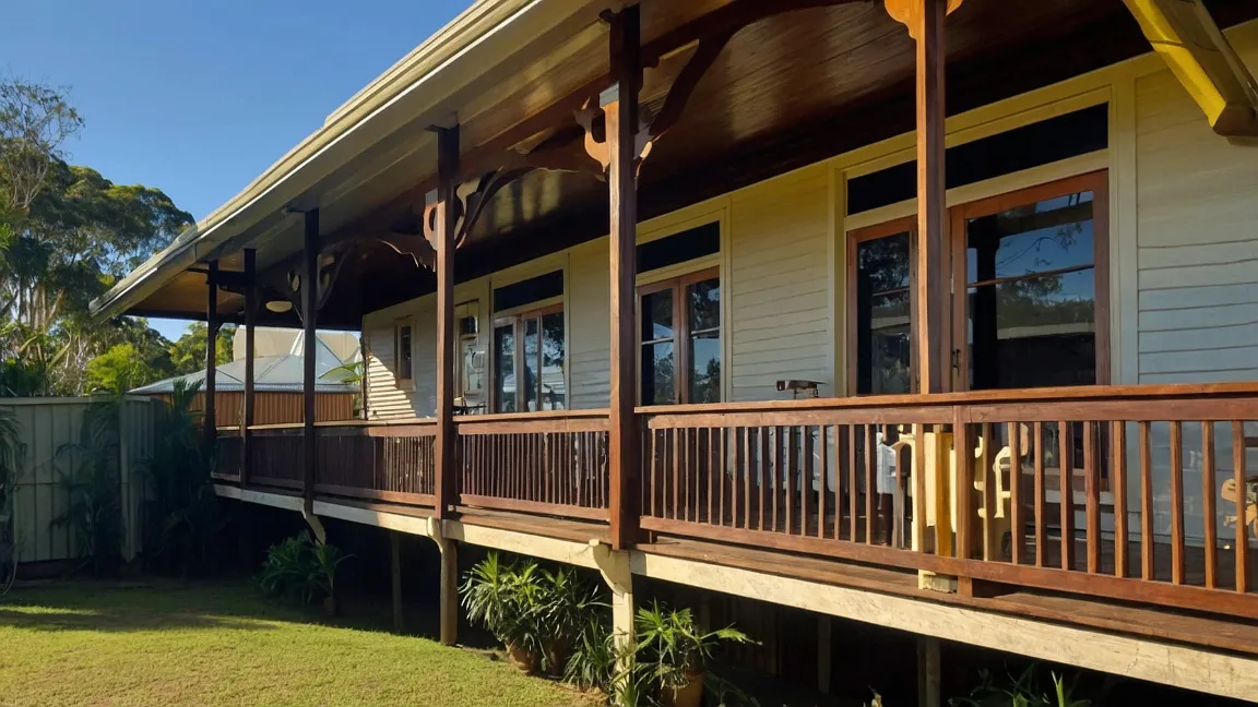 A single-story house with a wooden porch and railing running the length of the facade, featuring multiple windows and doors facing the porch. The yard is grassy with some bushes and a fence in the background, all ideally maintained according to an electrical inspection checklist for safety.