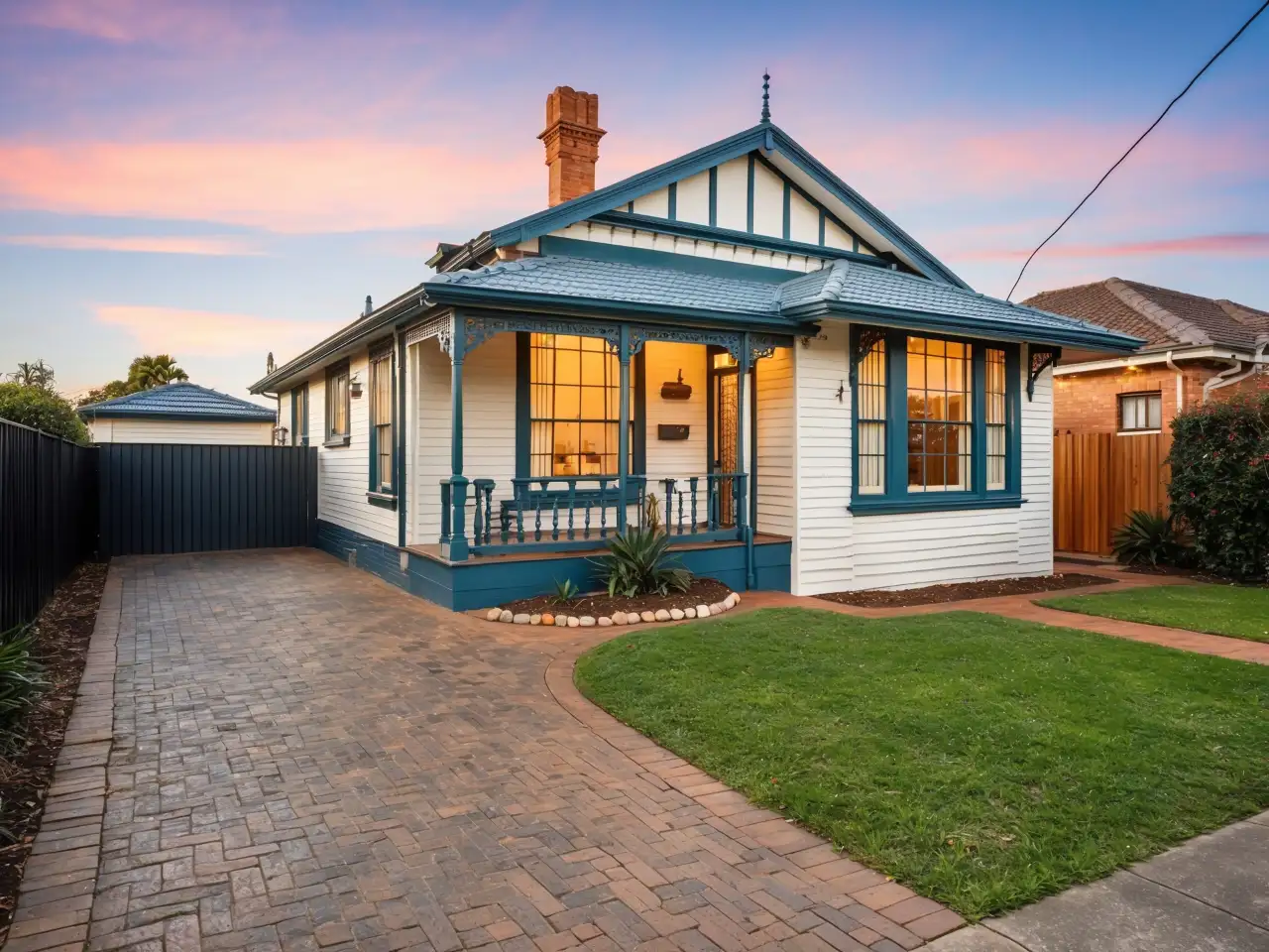 A quaint single-story house with a blue and white exterior, bay windows, a small front lawn, and a brick driveway at sunset. The cozy charm is perfect for unwinding, though the air conditioner isn't warming the house as effectively during cooler evenings.